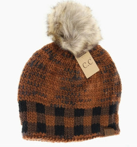 C.C. Buffalo Check Mixed Print Fur Pom - Cinnamon