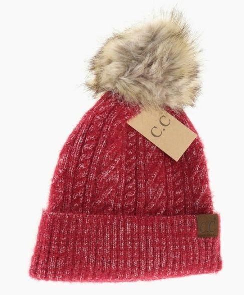 C.C. Soft Cuff Cable Knit Fur Pom - Crimson