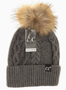 C.C. Exclusive Ribbed Cuff Fur Pom - Dark Grey