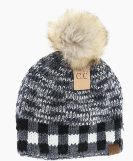 C.C. Buffalo Check Mixed Print Fur Pom - Grey