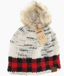 C.C. Buffalo Check Mixed Print Fur Pom - Ivory/Red