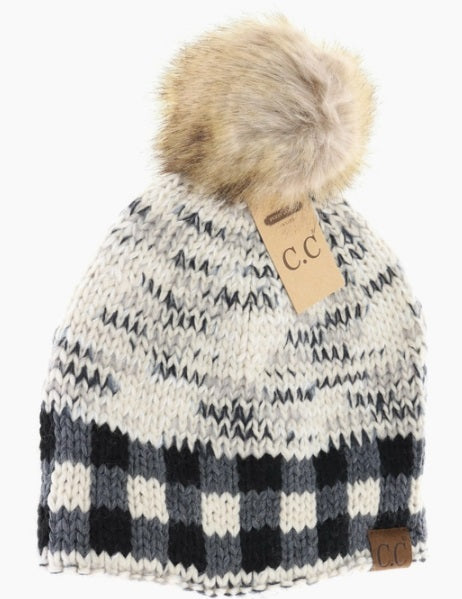 C.C. Buffalo Check Mixed Print Fur Pom - Ivory