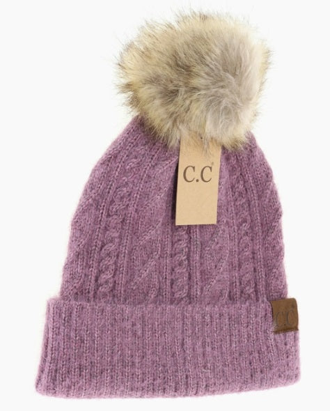 C.C. Soft Cuff Cable Knit Fur Pom - Lavender