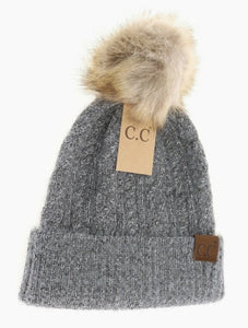 C.C. Soft Cuff Cable Knit Fur Pom - Light Grey