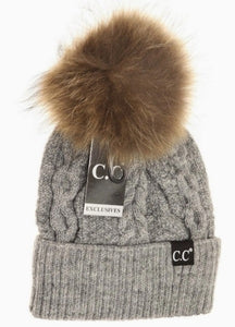 C.C. Exclusive Ribbed Cuff Fur Pom - Light Grey