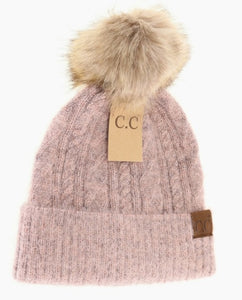 C.C. Soft Cuff Cable Knit Fur Pom - Rose