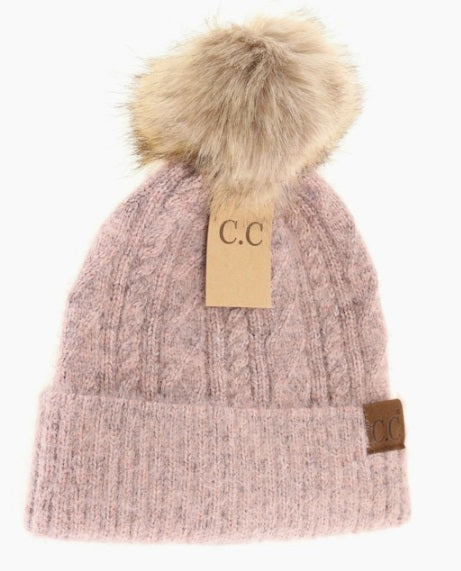 C.C. Soft Cuff Cable Knit Fur Pom - Rose