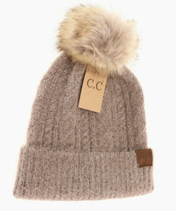 C.C. Soft Cuff Cable Knit Fur Pom - Taupe