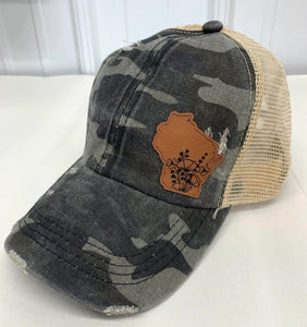 Wisconsin State Camo/Floral Ponytail Baseball Cap