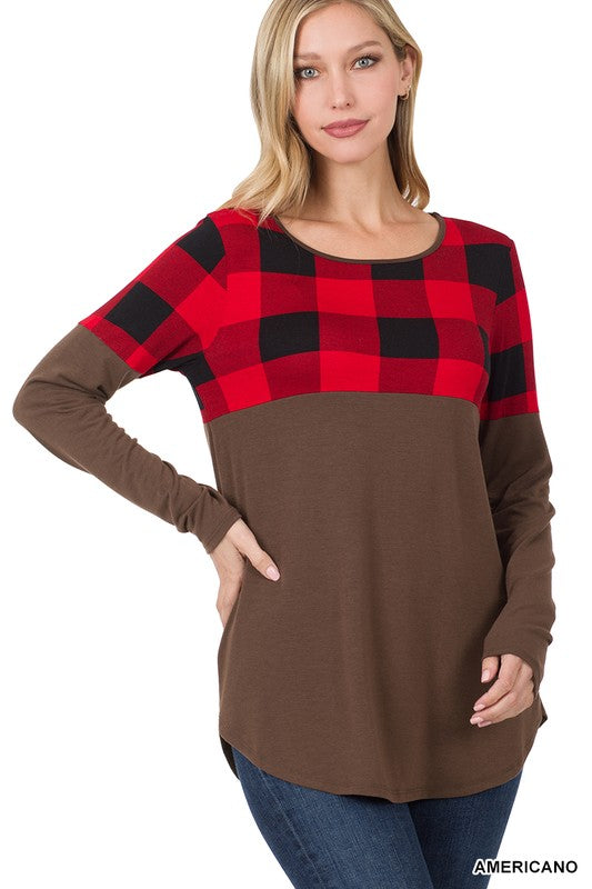 Plaid Color Block Top - Dark Brown