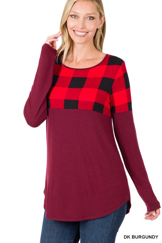 Plaid Color Block Top - Burgundy