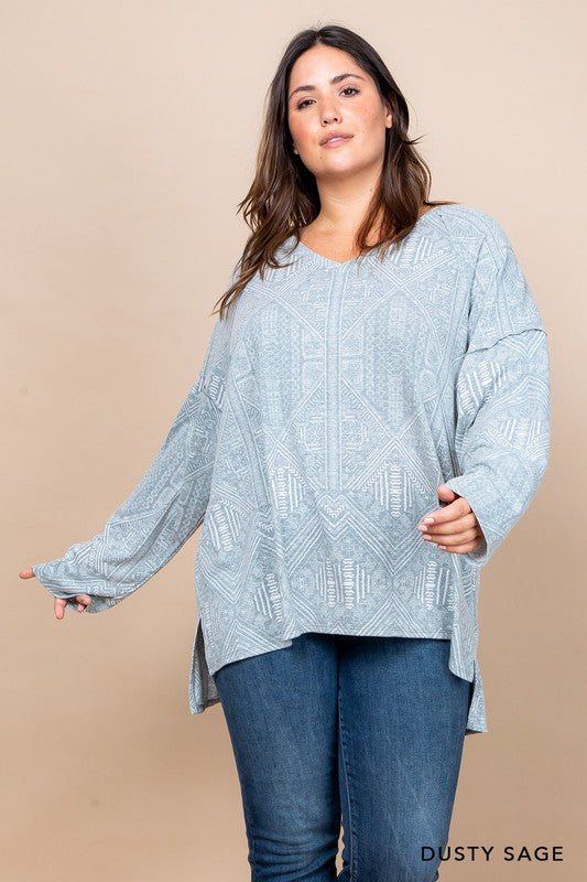 Printed V-Neck Long Sleeve Top - Charcoal