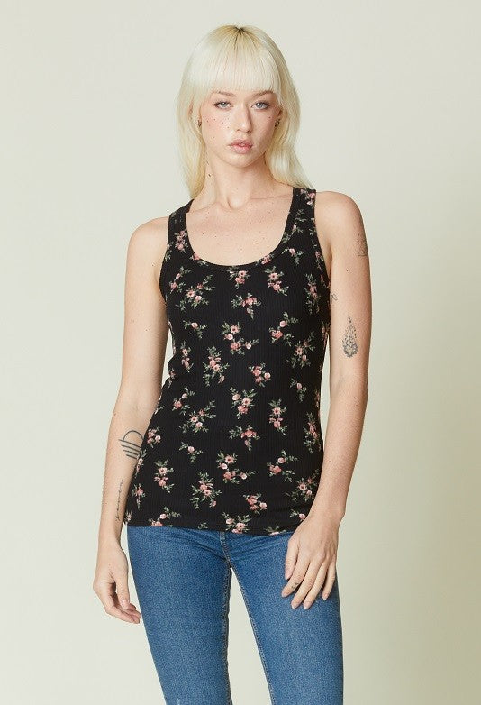 Ribbed Floral Print Tank - Black