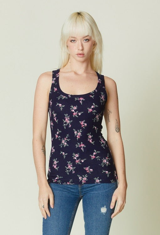 Ribbed Floral Print Tank - Navy