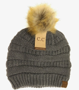 CC Fur Pom Beanie - Gray