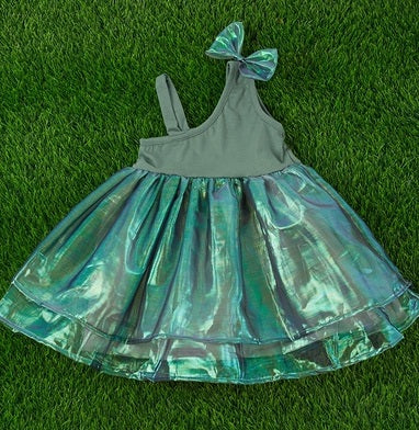 Girl's Green Cold Shoulder Metallic Tulle Dress