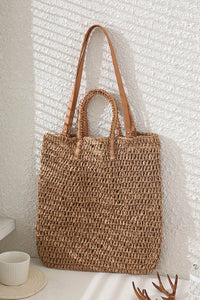 Two Handle Rattan Tote Bag - Khaki