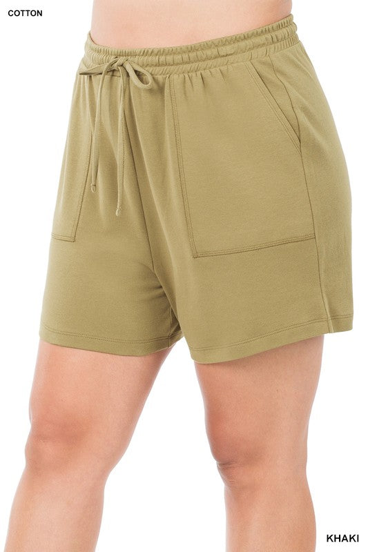 Curvy Drawstring Shorts - Khaki