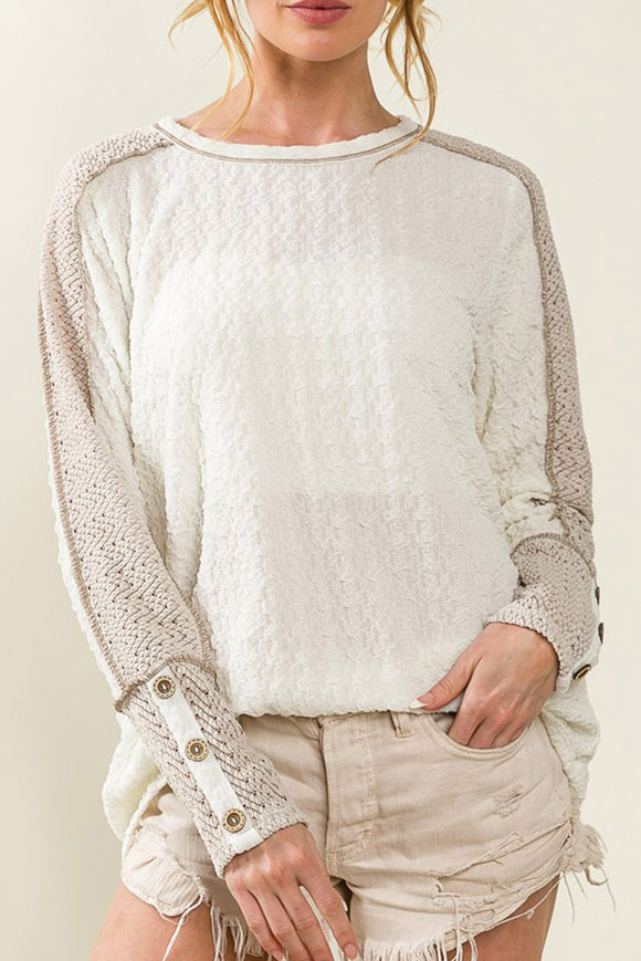 White Textured Patch Buttoned Sleeve Top