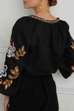 Black Bohemian Floral V-Neck Blouse