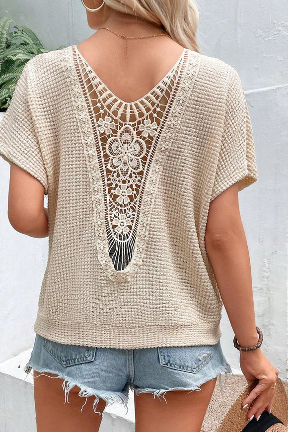 Lace Patch Textured T-Shirt - Cream