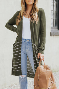 Green Open Front Striped Cardigan