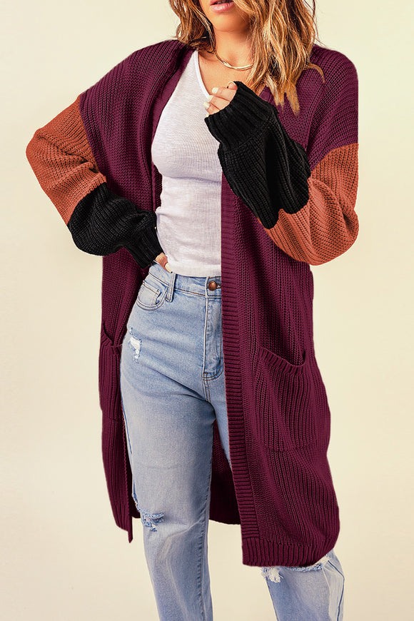 Wine Color Block Pocketed Cardigan