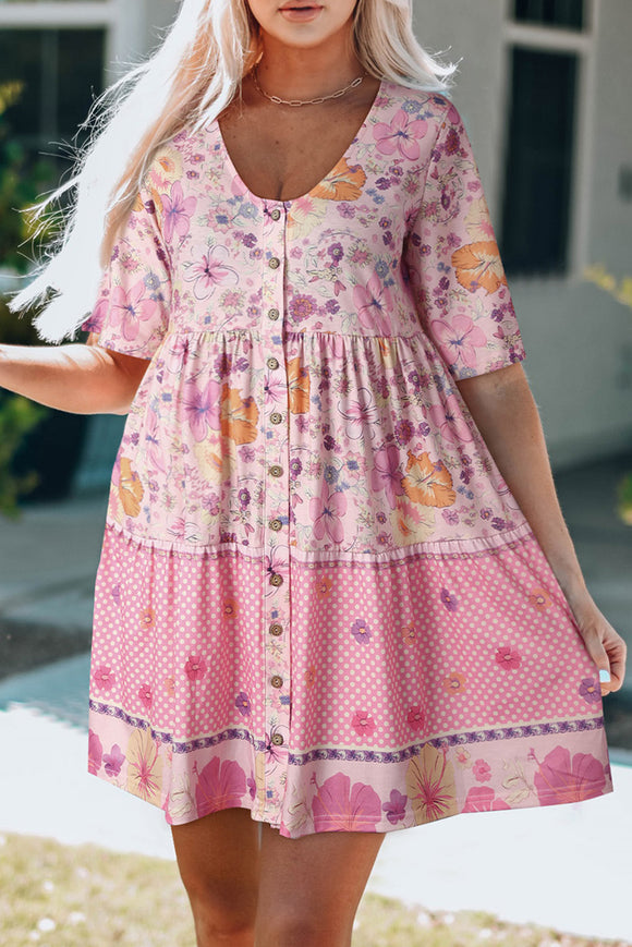 Pink Hibiscus Floral Print Ruffle Mini Dress