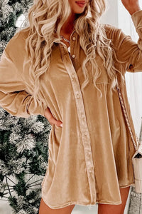 Beige Velvet Button Front Shirt Dress