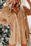 Beige Velvet Button Front Shirt Dress