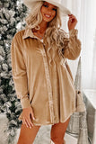 Beige Velvet Button Front Shirt Dress