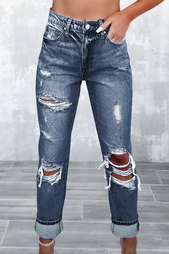 Navy Blue Distressed High Waist Jeans