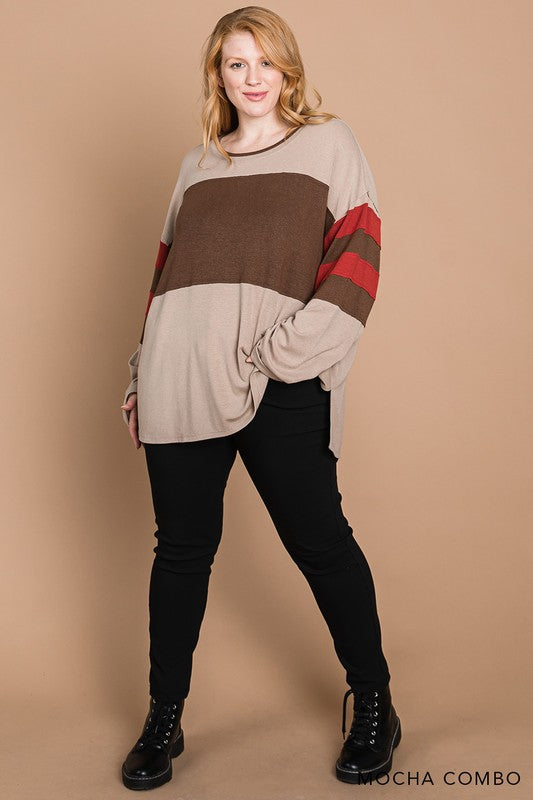 Mocha/Red Color Block Long Sleeve Top