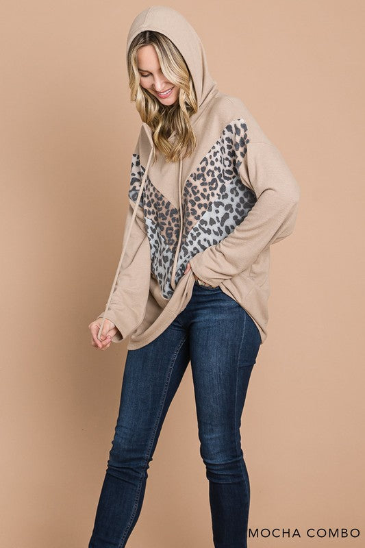 Color Block Animal Print Hoodie - Mocha