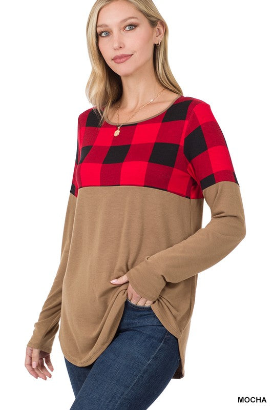 Plaid Color Block Top - Mocha