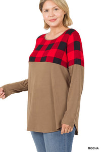 Curvy Plaid Color Block Top - Mocha