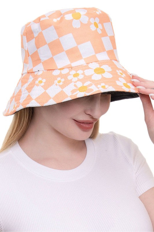 Checkered Daisy Bucket Hat - Orange