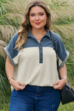 Curvy Colorblock Denim Patchwork Collared Polo Top