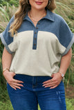 Curvy Colorblock Denim Patchwork Collared Polo Top