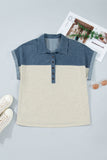 Curvy Colorblock Denim Patchwork Collared Polo Top