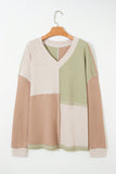 Curvy Mixed Texture V-Neck Patchwork Colorblock Top