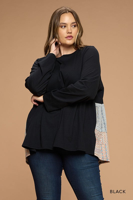 Paisley Print Color Block Flare Top - Black