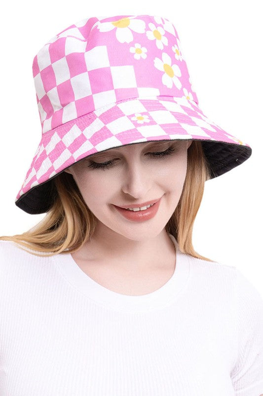 Checkered Daisy Bucket Hat - Pink