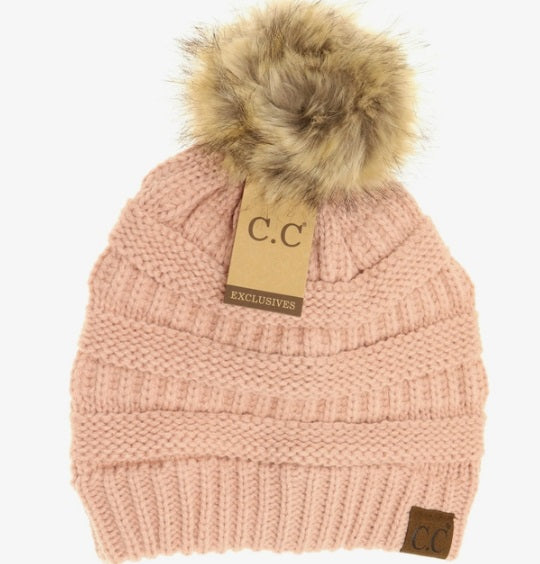 CC Fur Pom Beanie - Light Pink