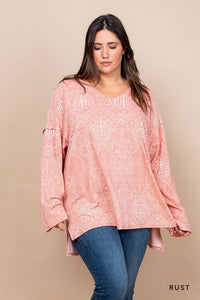 Printed V-Neck Long Sleeve Top - Rust