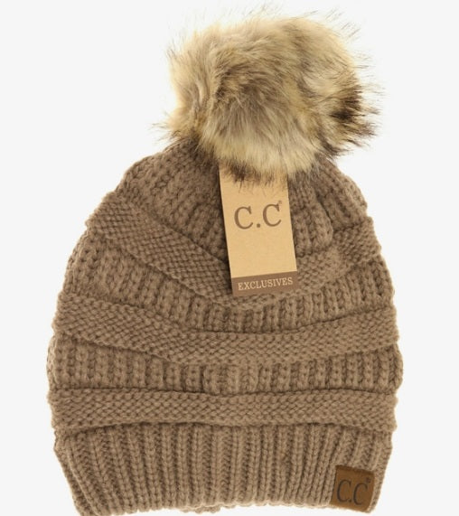 CC Fur Pom Beanie - Taupe