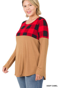 Curvy Plaid Color Block Top - Tan