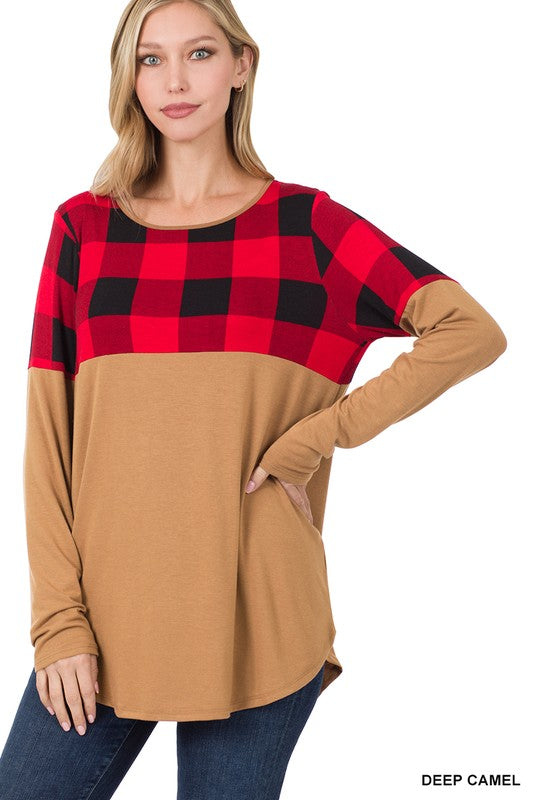 Plaid Color Block Top - Tan