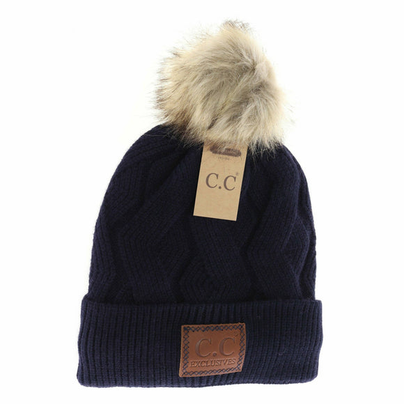 Geometric Knit Faux Fur Pom Beanie: Navy