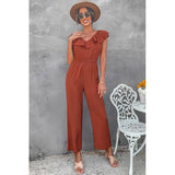Solid Ruffle Trim V Neck Fit Jumpsuit - Rust